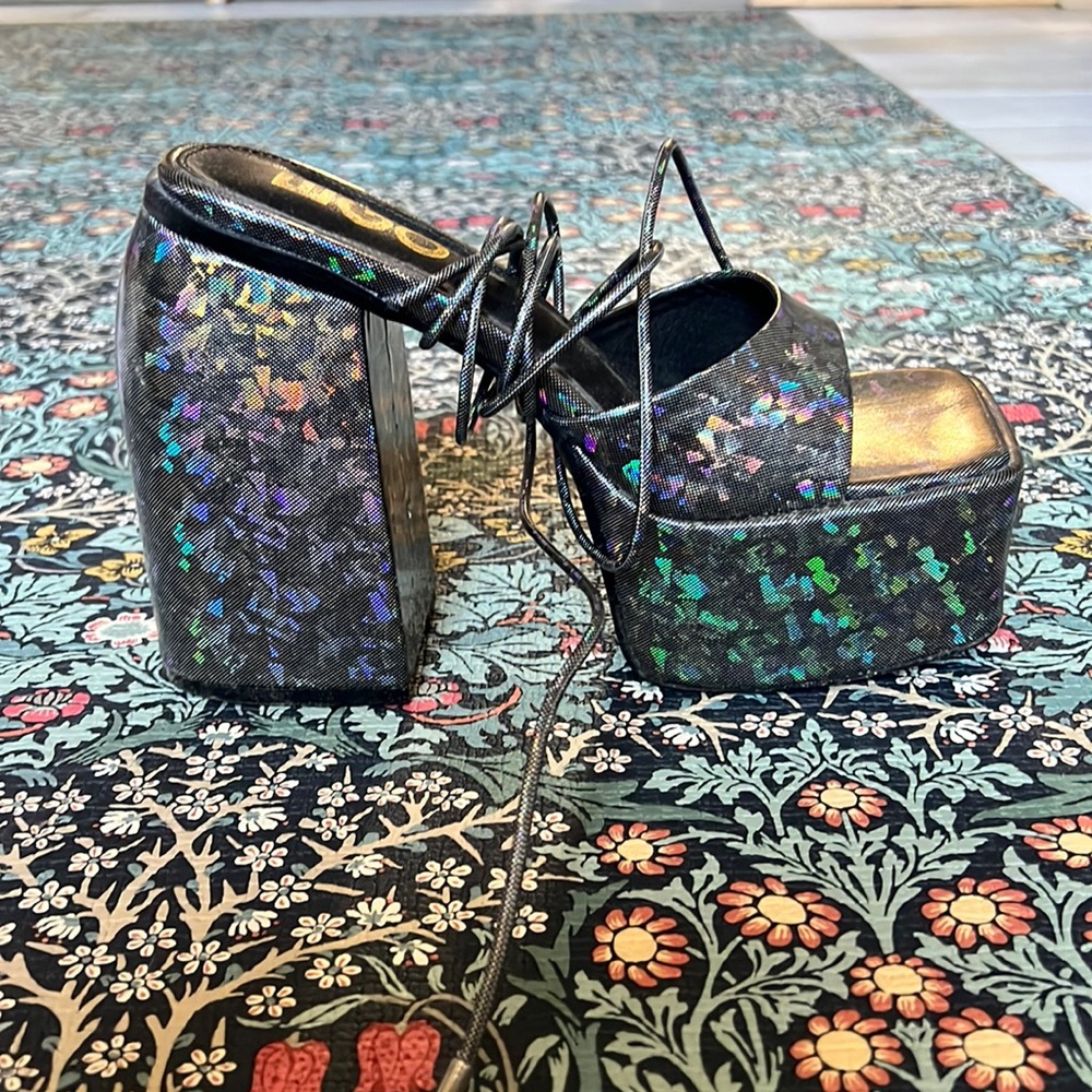 DECLAN LACE UP SQUARE PEEP TOE PLATFORM HEEL IN BLACK HOLOGRAPHIC FAUX LEATHER